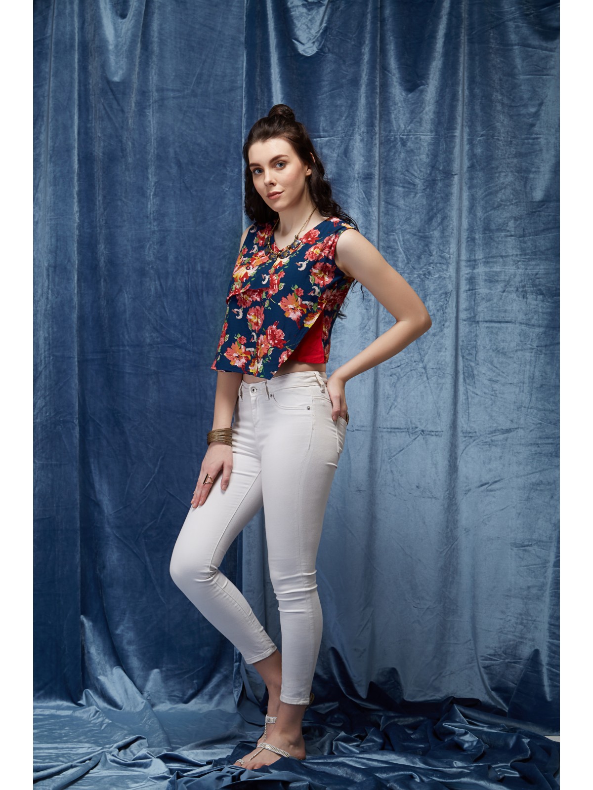 Dark Blue Floral Printed V-Neck Sleeveless Overlapping Crop Top